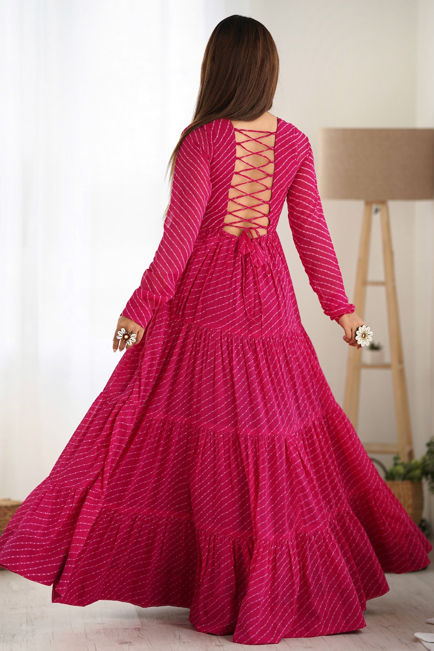 Pink Leheriya Printed Long Kurti with Kachchi Work