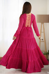 Pink Leheriya Printed Long Kurti with Kachchi Work
