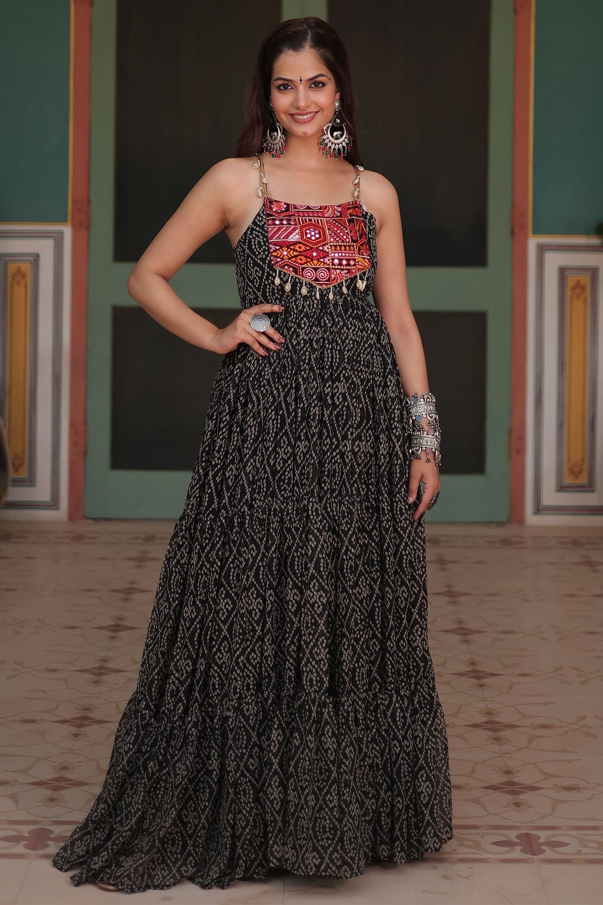 Black Georgette Bandhej Pritned Long Kurti with Embroidered Bodice