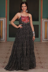 Black Georgette Bandhej Pritned Long Kurti with Embroidered Bodice