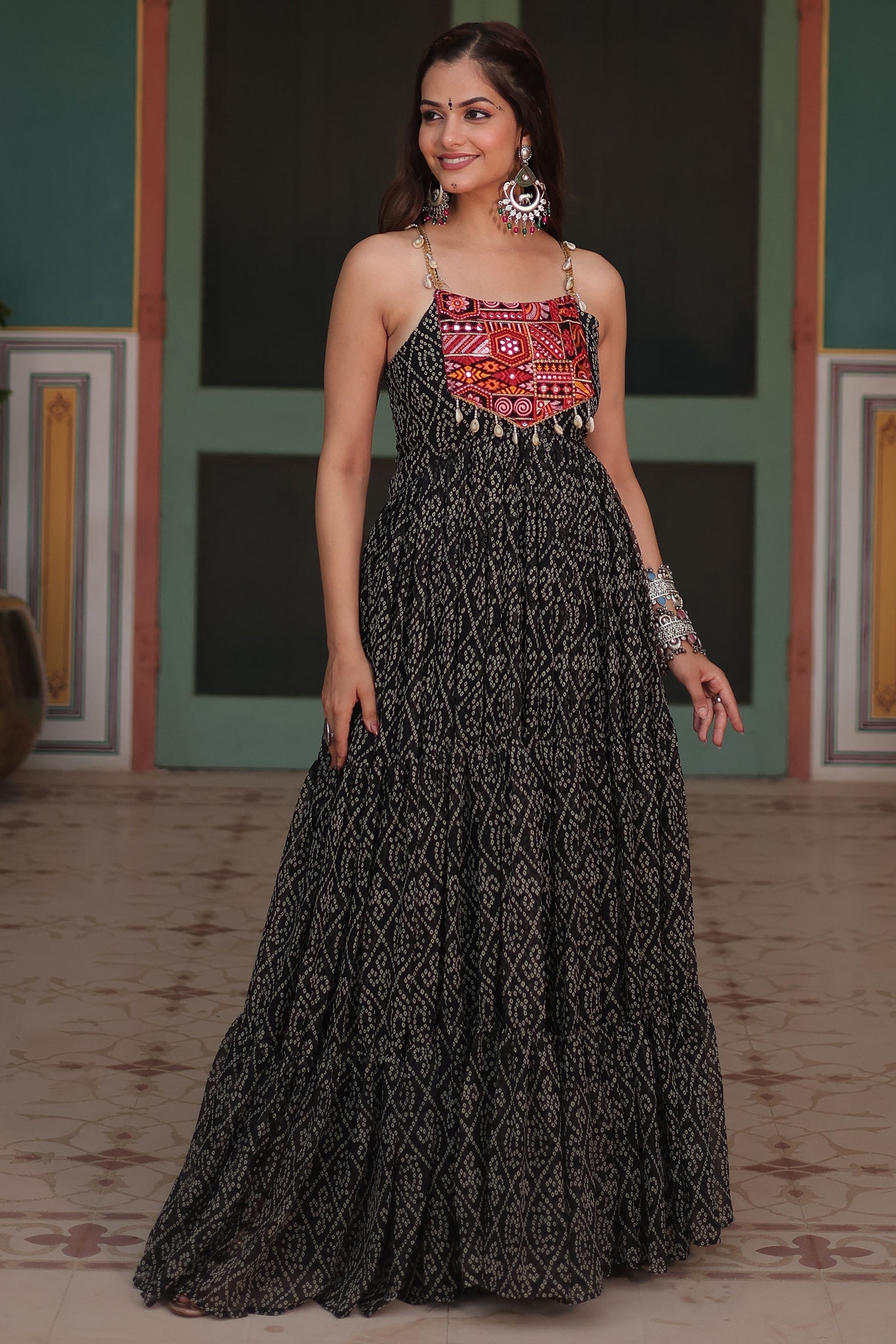 Black Georgette Bandhej Pritned Long Kurti with Embroidered Bodice
