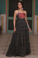 Black Georgette Bandhej Pritned Long Kurti with Embroidered Bodice
