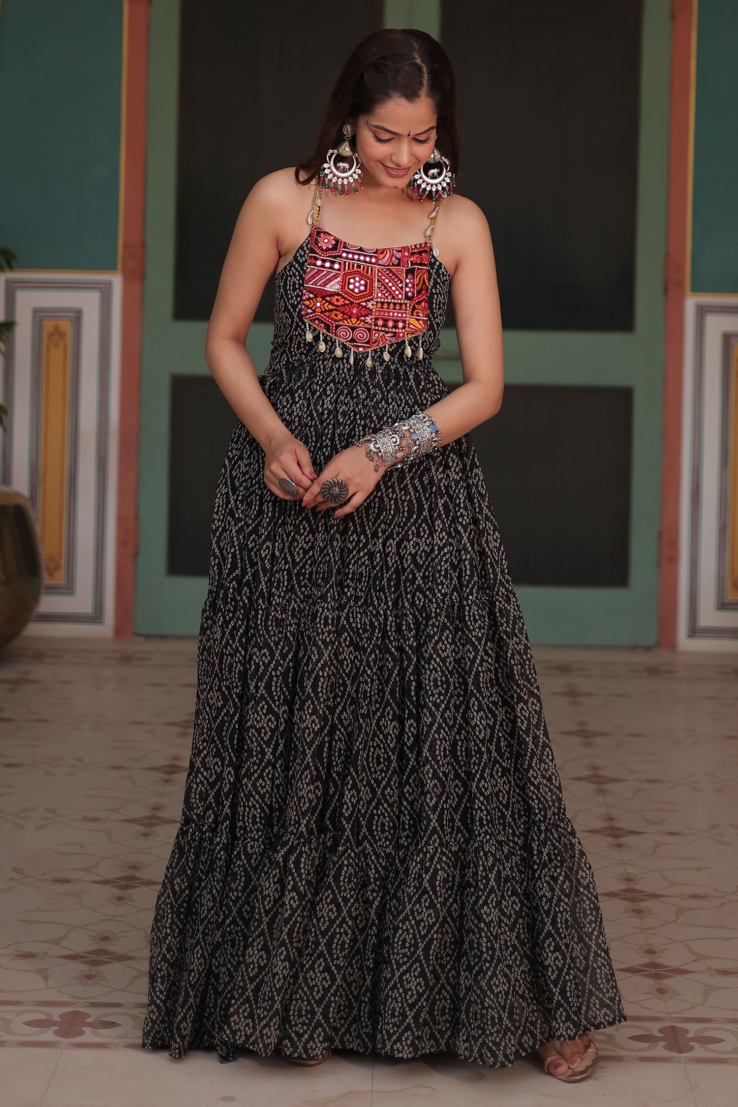 Black Georgette Bandhej Pritned Long Kurti with Embroidered Bodice