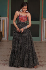 Black Georgette Bandhej Pritned Long Kurti with Embroidered Bodice