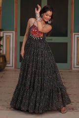 Black Georgette Bandhej Pritned Long Kurti with Embroidered Bodice