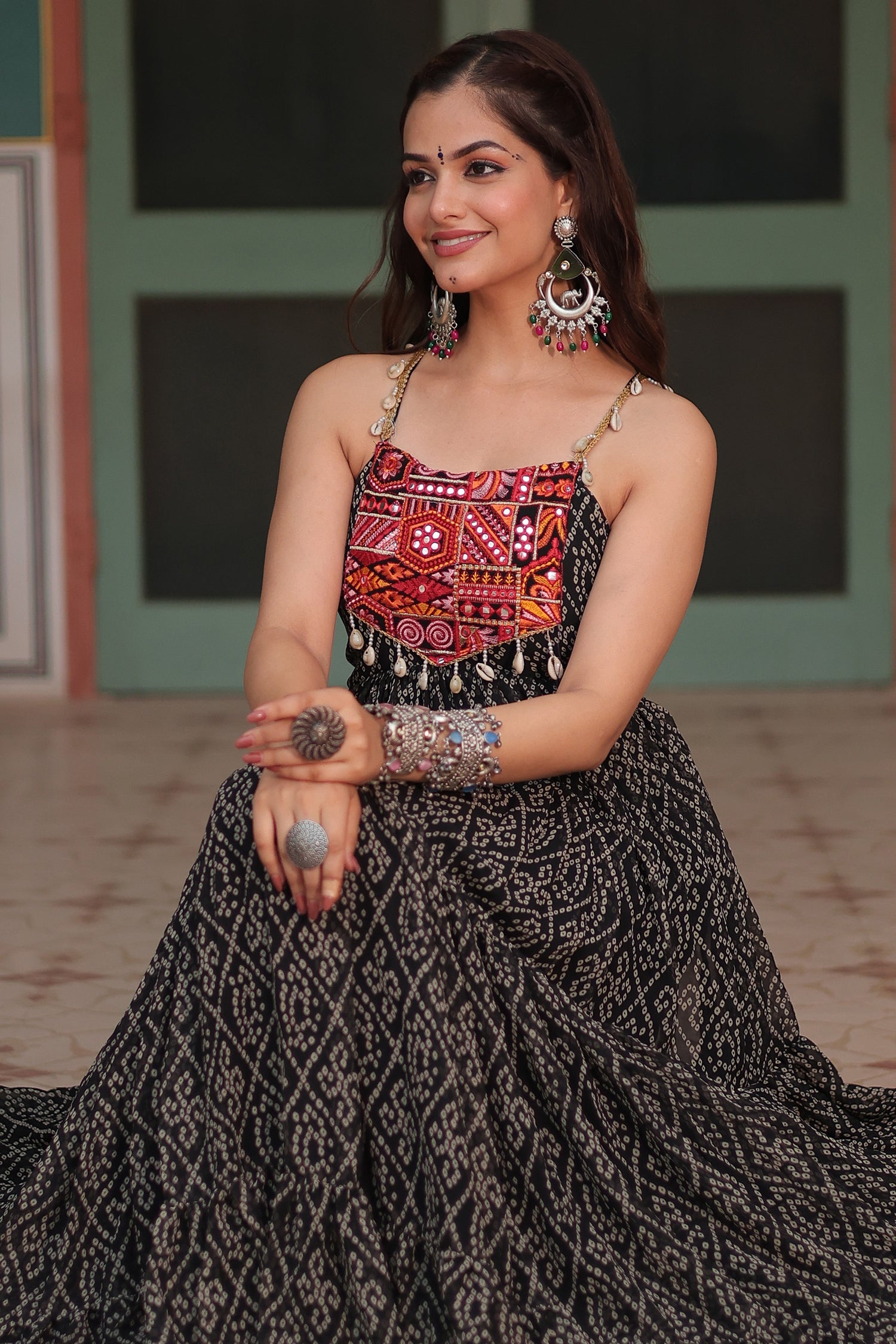 Black Georgette Bandhej Pritned Long Kurti with Embroidered Bodice