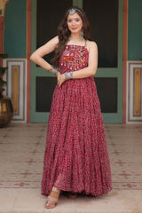 Maroon Georgette Bandhej Pritned Long Kurti with Embroidered Bodice