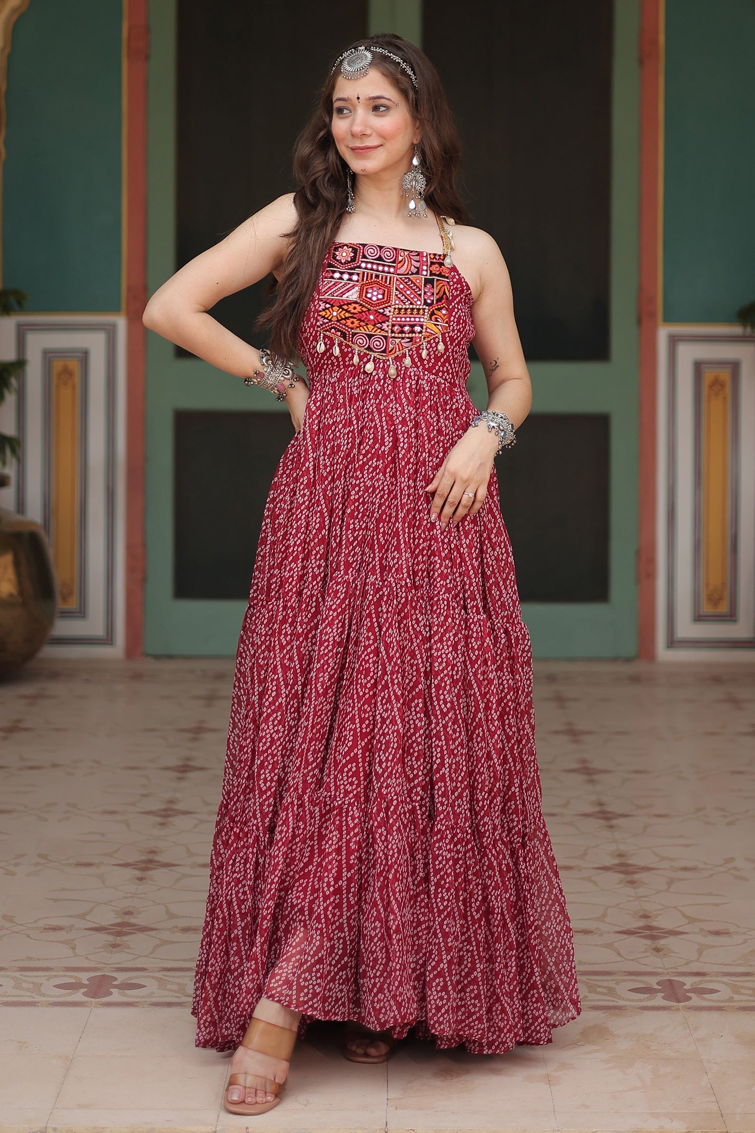 Maroon Georgette Bandhej Pritned Long Kurti with Embroidered Bodice
