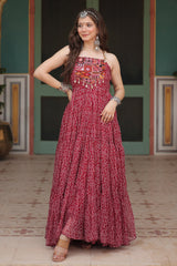 Maroon Georgette Bandhej Pritned Long Kurti with Embroidered Bodice