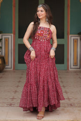 Maroon Georgette Bandhej Pritned Long Kurti with Embroidered Bodice