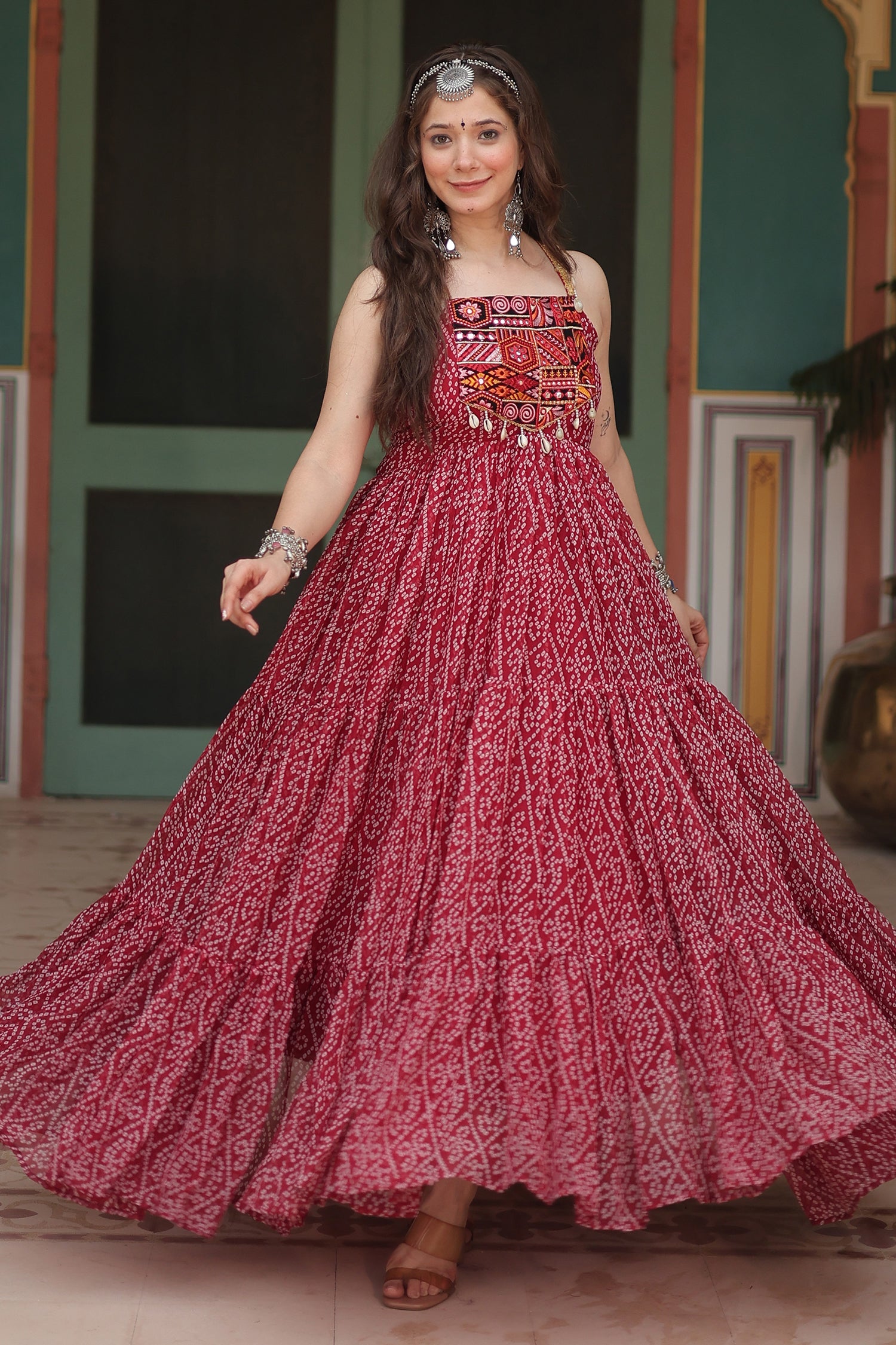 Maroon Georgette Bandhej Pritned Long Kurti with Embroidered Bodice