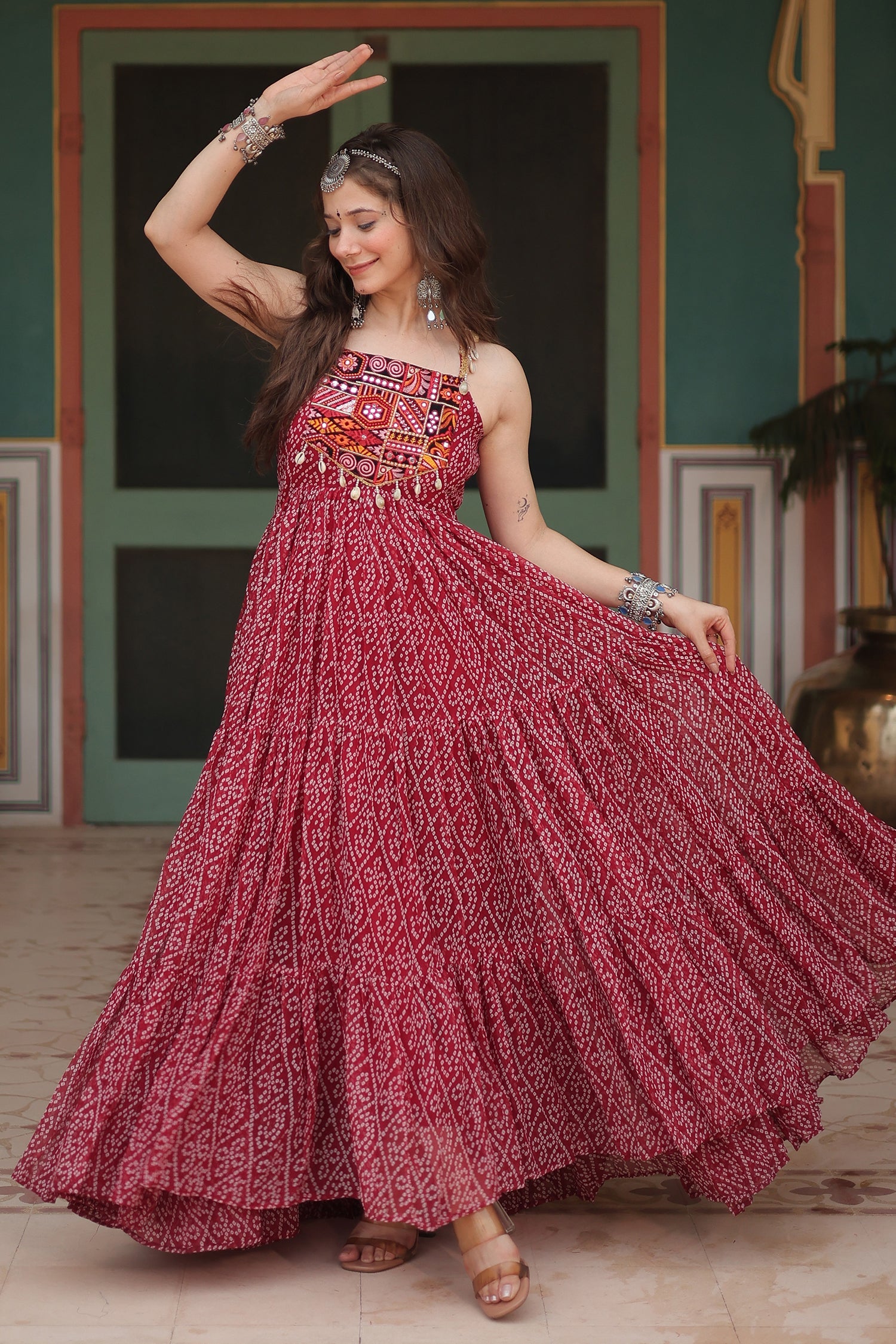 Maroon Georgette Bandhej Pritned Long Kurti with Embroidered Bodice