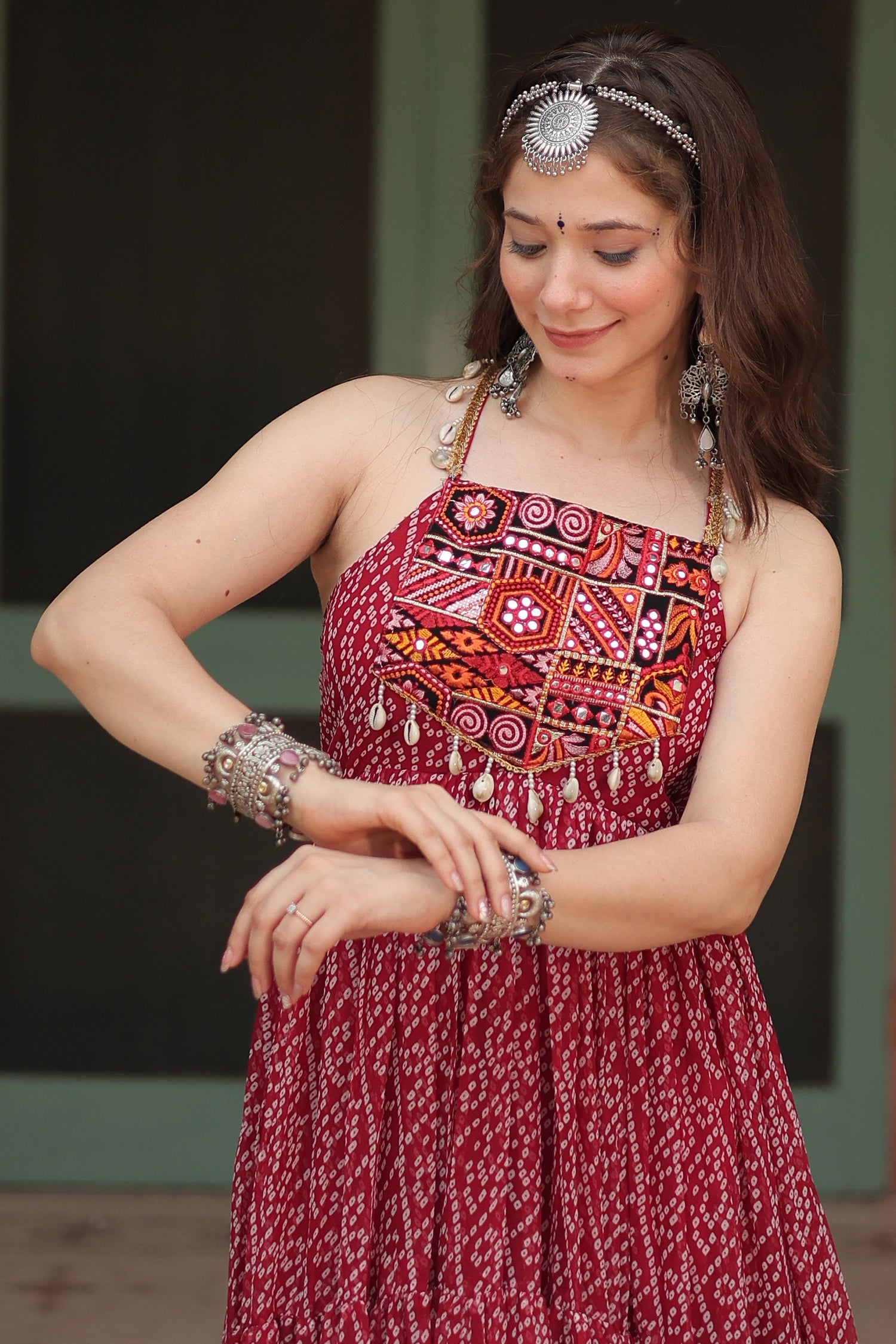 Maroon Georgette Bandhej Pritned Long Kurti with Embroidered Bodice