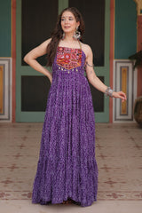 Purple Georgette Bandhej Pritned Long Kurti with Embroidered Bodice