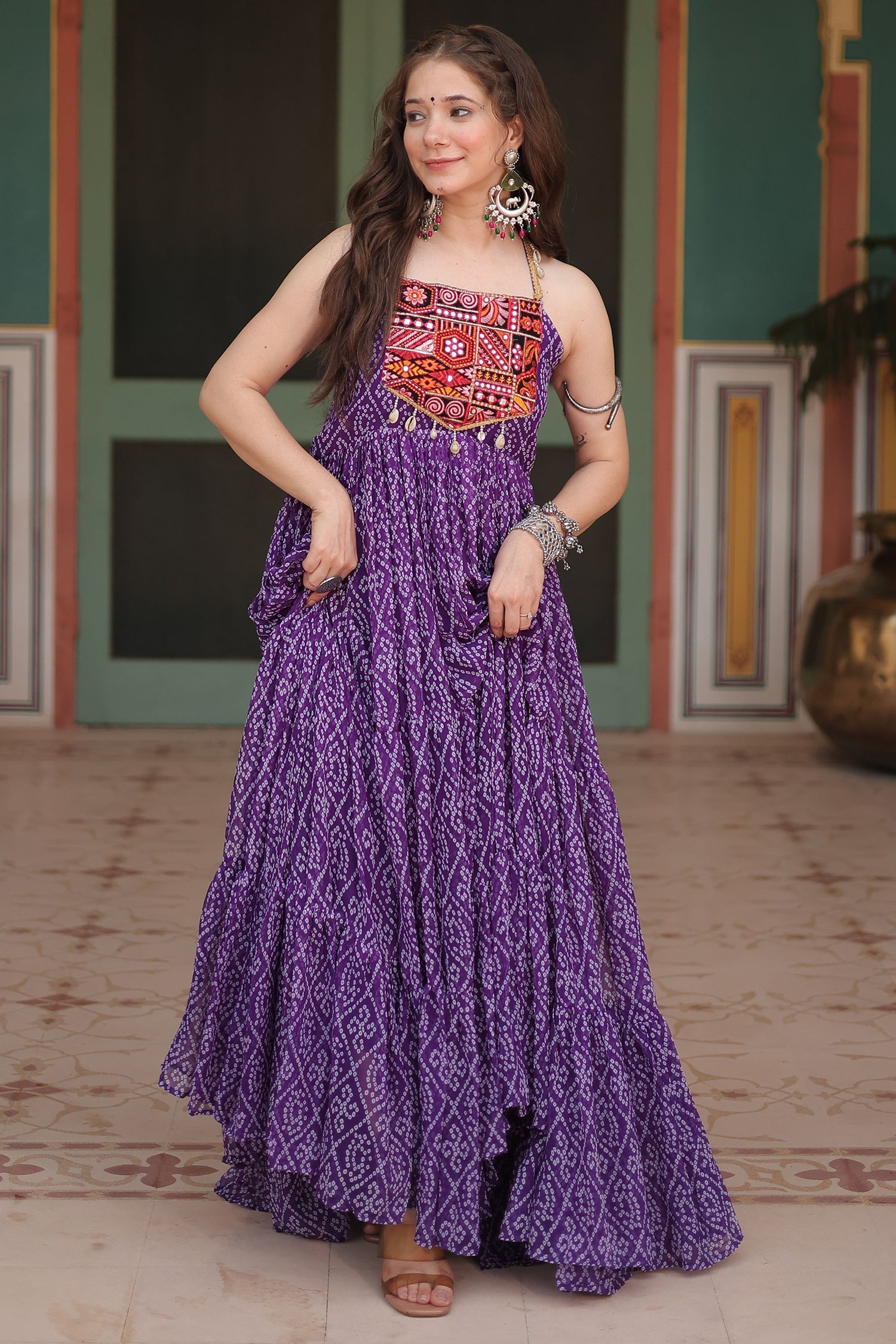 Purple Georgette Bandhej Pritned Long Kurti with Embroidered Bodice