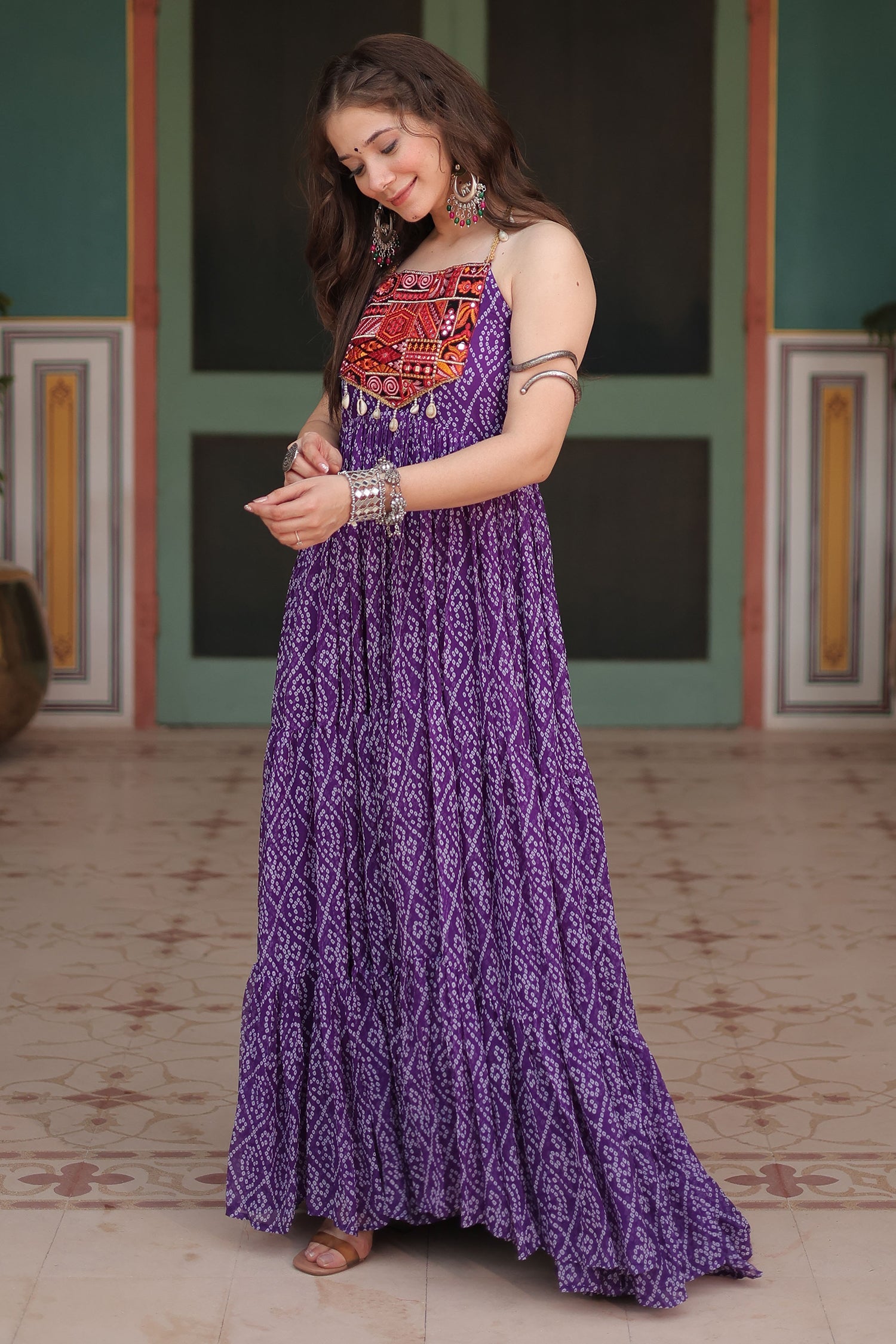 Purple Georgette Bandhej Pritned Long Kurti with Embroidered Bodice