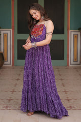Purple Georgette Bandhej Pritned Long Kurti with Embroidered Bodice