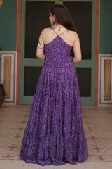 Purple Georgette Bandhej Pritned Long Kurti with Embroidered Bodice