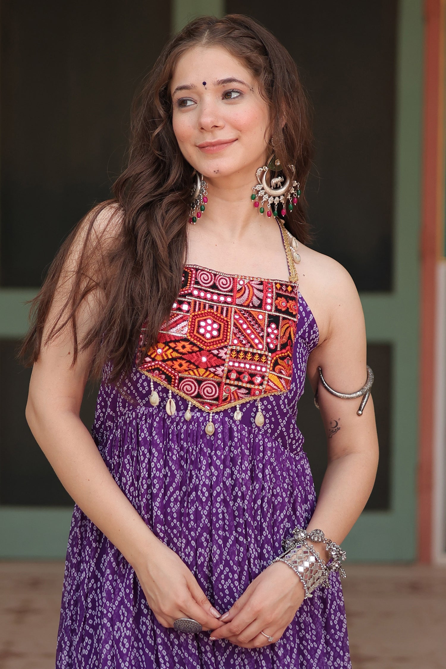 Purple Georgette Bandhej Pritned Long Kurti with Embroidered Bodice