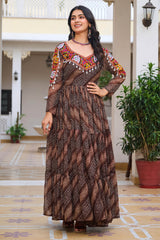Brown Georgette Bandhej Printed Kurti with Kachchi Work