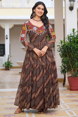 Brown Georgette Bandhej Printed Kurti with Kachchi Work