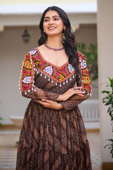 Brown Georgette Bandhej Printed Kurti with Kachchi Work