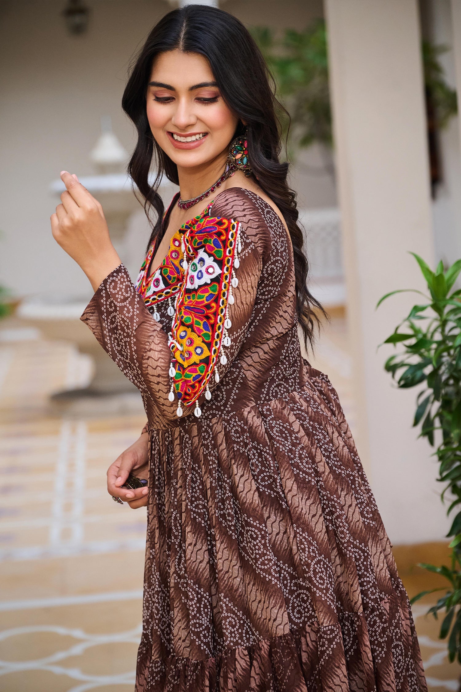 Brown Georgette Bandhej Printed Kurti with Kachchi Work