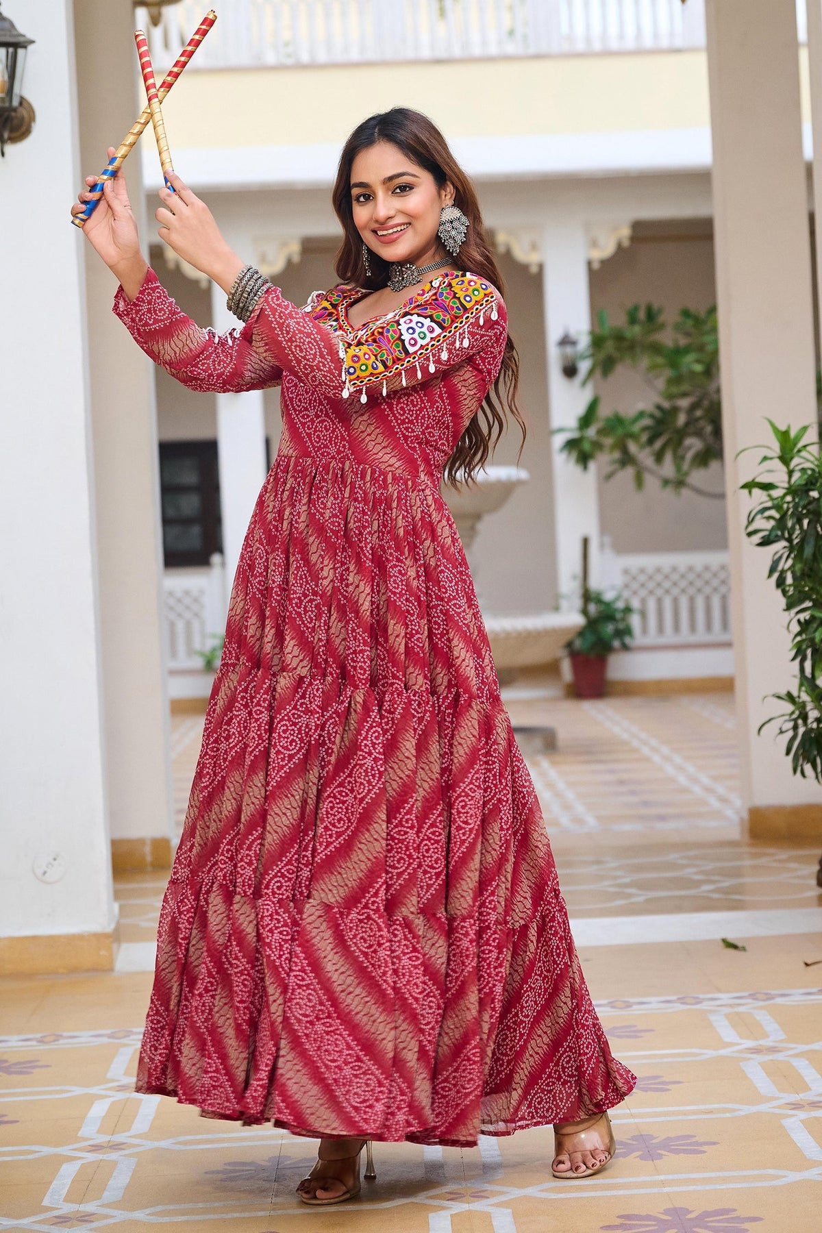 Maroon Georgette Bandhej Printed Kurti with Kachchi Work