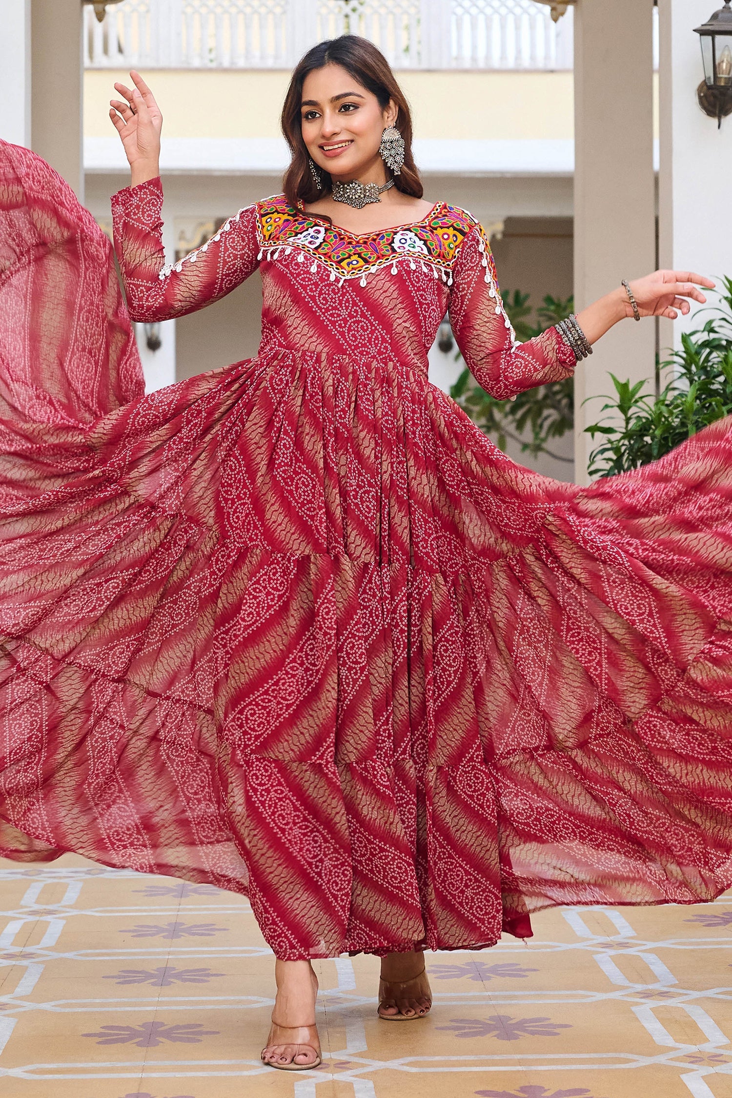 Maroon Georgette Bandhej Printed Kurti with Kachchi Work