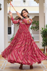 Maroon Georgette Bandhej Printed Kurti with Kachchi Work