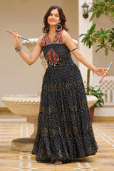 Black Georgette Bandhej Printed Long Kurti with Kachchi Work