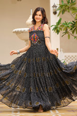 Black Georgette Bandhej Printed Long Kurti with Kachchi Work