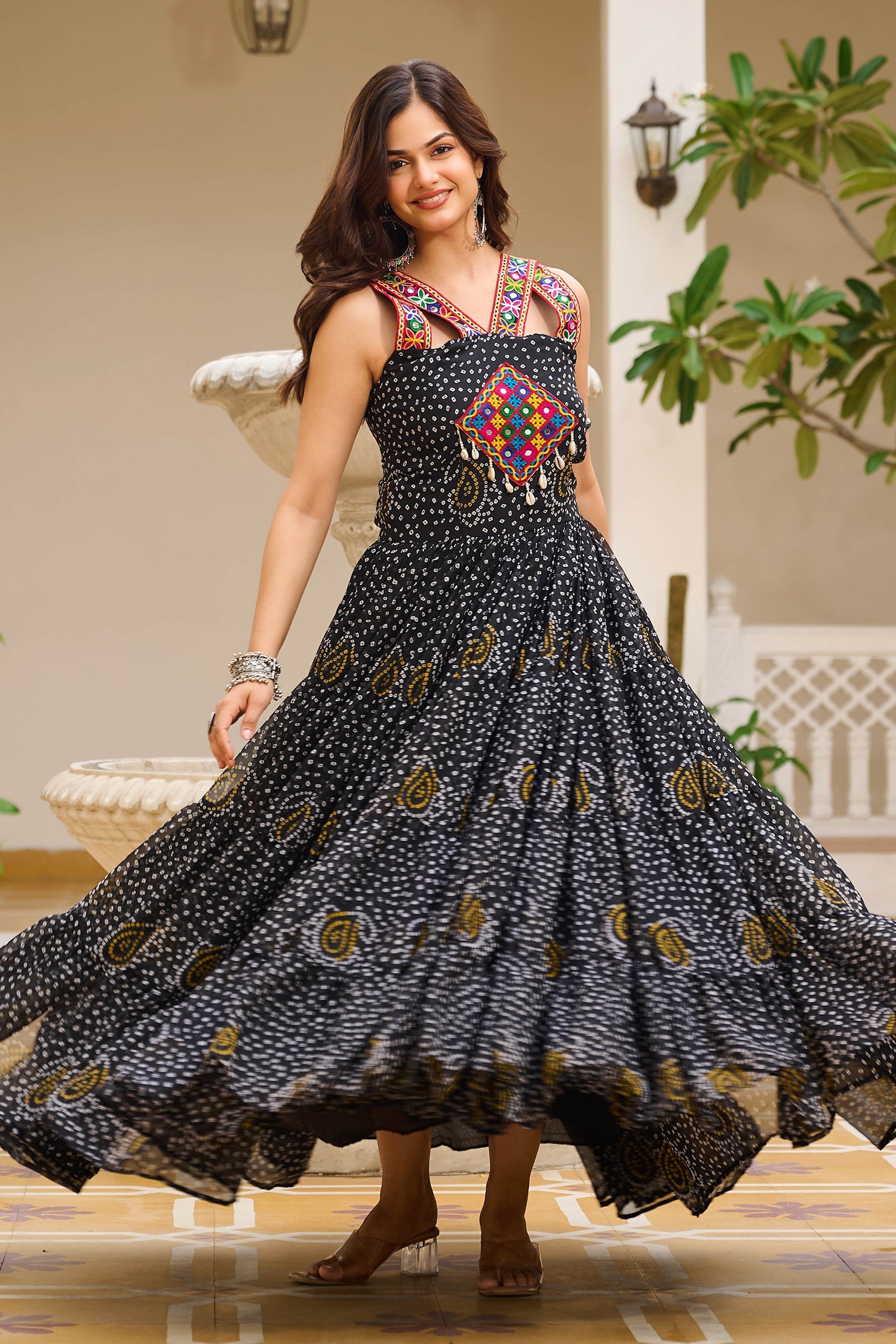 Black Georgette Bandhej Printed Long Kurti with Kachchi Work