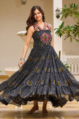 Black Georgette Bandhej Printed Long Kurti with Kachchi Work