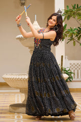 Black Georgette Bandhej Printed Long Kurti with Kachchi Work
