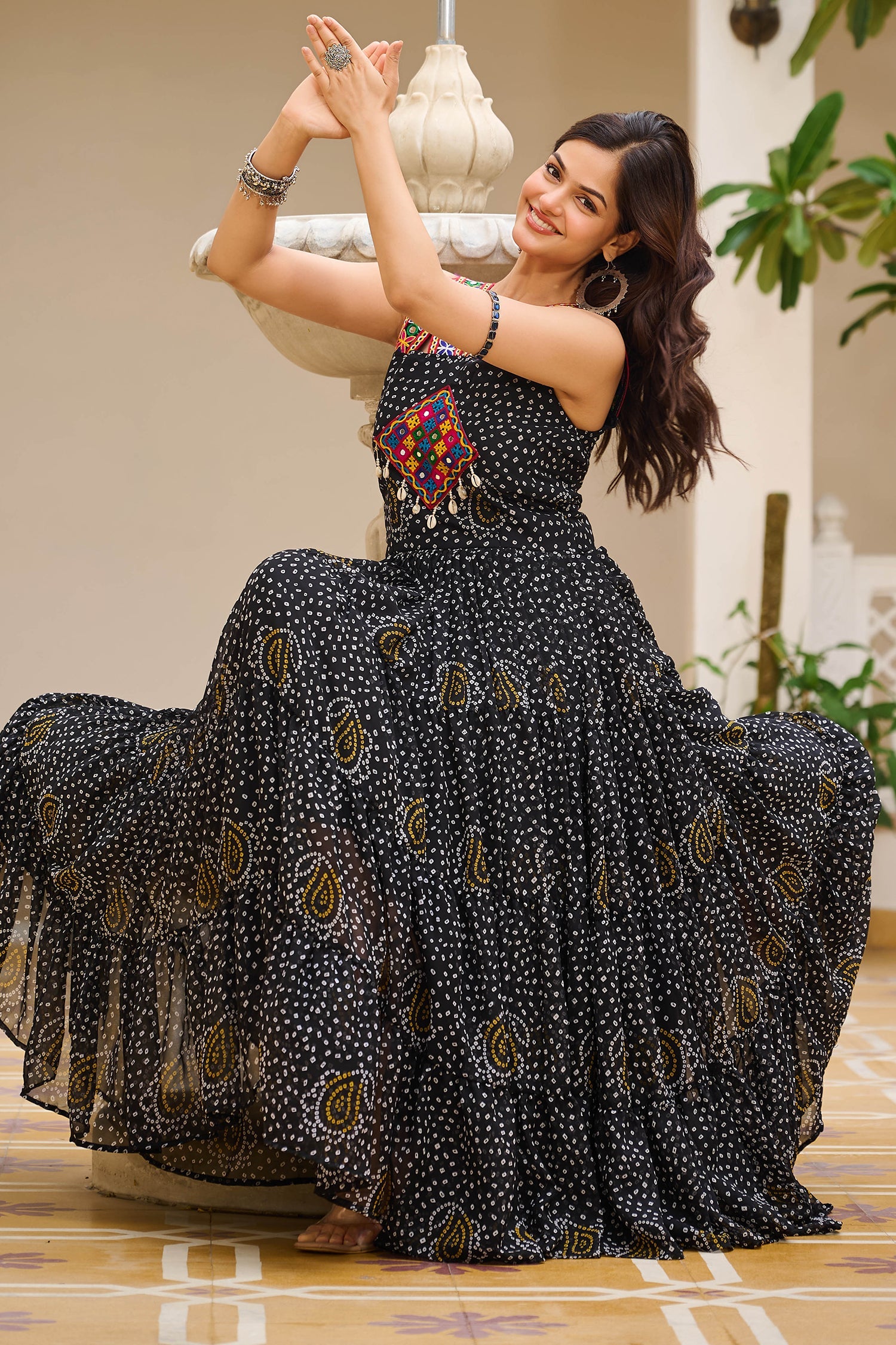 Black Georgette Bandhej Printed Long Kurti with Kachchi Work