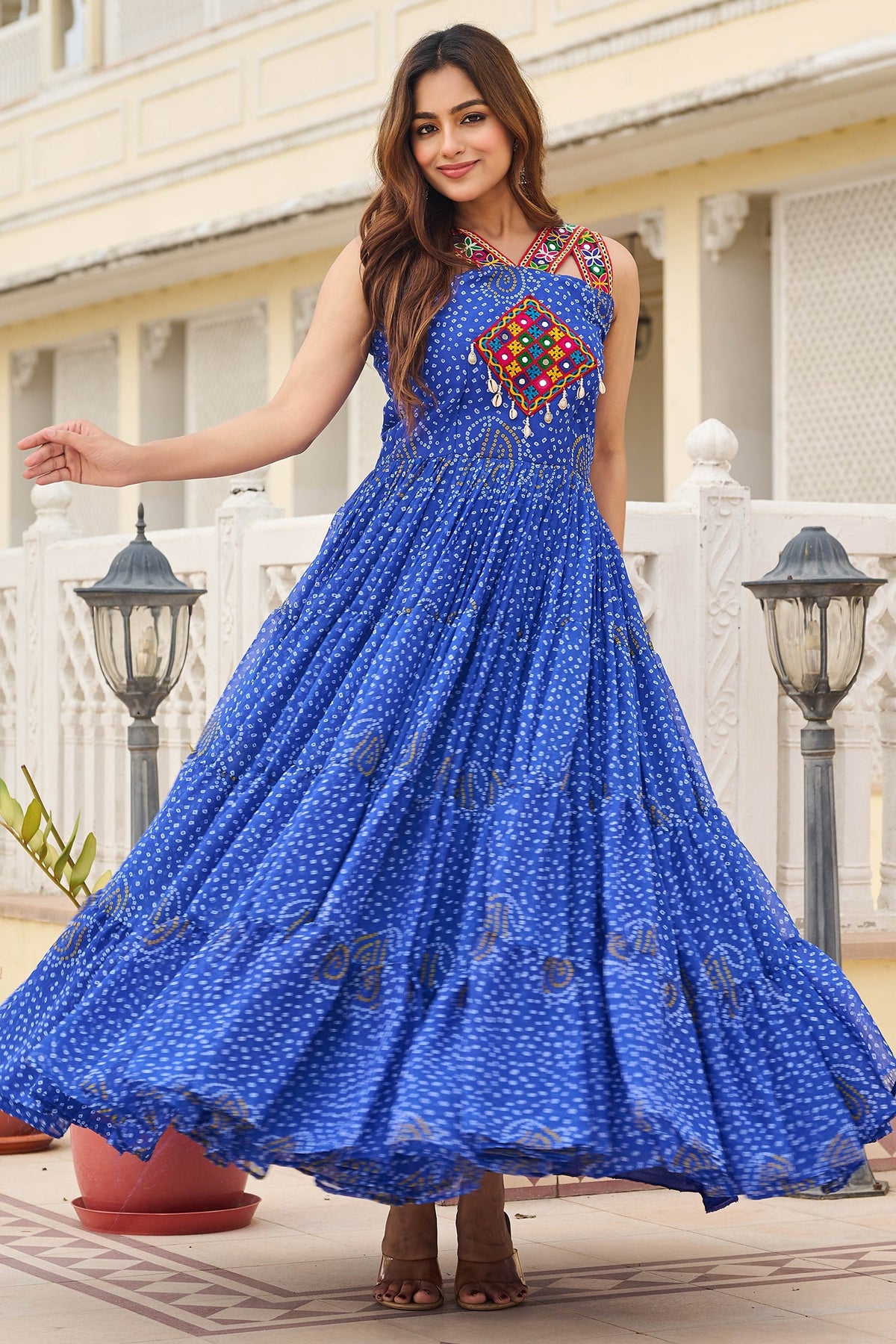 Blue Georgette Bandhej Printed Long Kurti with Kachchi Work