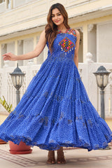 Blue Georgette Bandhej Printed Long Kurti with Kachchi Work