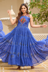 Blue Georgette Bandhej Printed Long Kurti with Kachchi Work