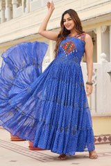Blue Georgette Bandhej Printed Long Kurti with Kachchi Work