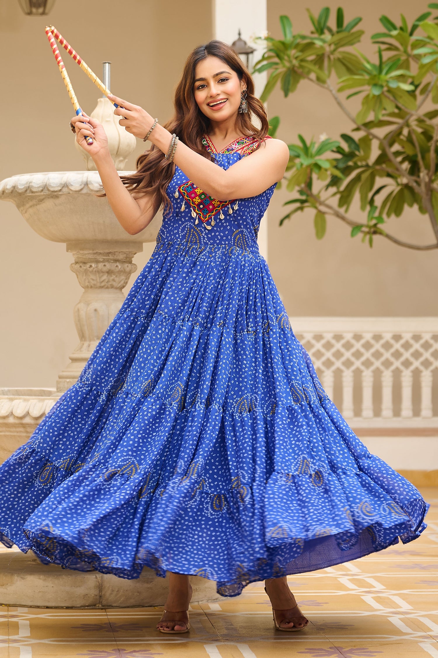 Blue Georgette Bandhej Printed Long Kurti with Kachchi Work