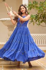 Blue Georgette Bandhej Printed Long Kurti with Kachchi Work