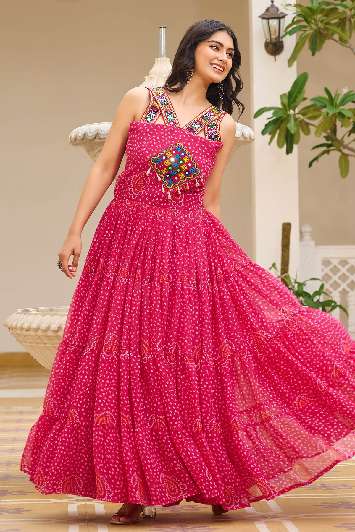 Pink Georgette Bandhej Printed Long Kurti with Kachchi Work