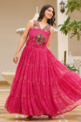 Pink Georgette Bandhej Printed Long Kurti with Kachchi Work
