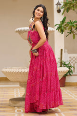 Pink Georgette Bandhej Printed Long Kurti with Kachchi Work