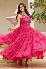Pink Georgette Bandhej Printed Long Kurti with Kachchi Work