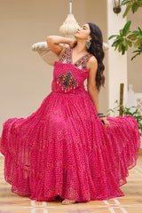 Pink Georgette Bandhej Printed Long Kurti with Kachchi Work