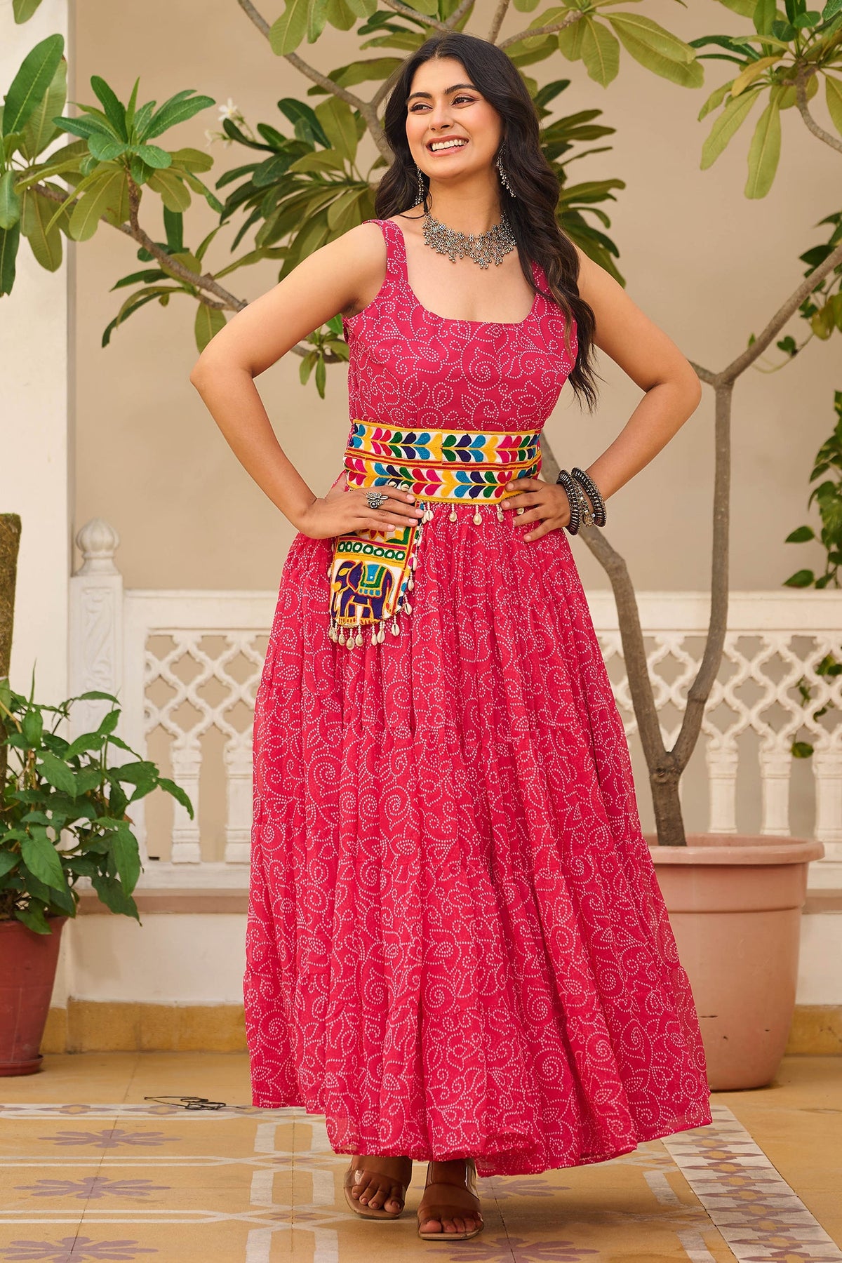 Pink Georgette Printed Kurti with Kachchi Embroidery