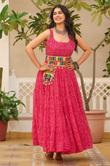 Pink Georgette Printed Kurti with Kachchi Embroidery