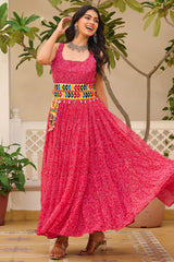 Pink Georgette Printed Kurti with Kachchi Embroidery